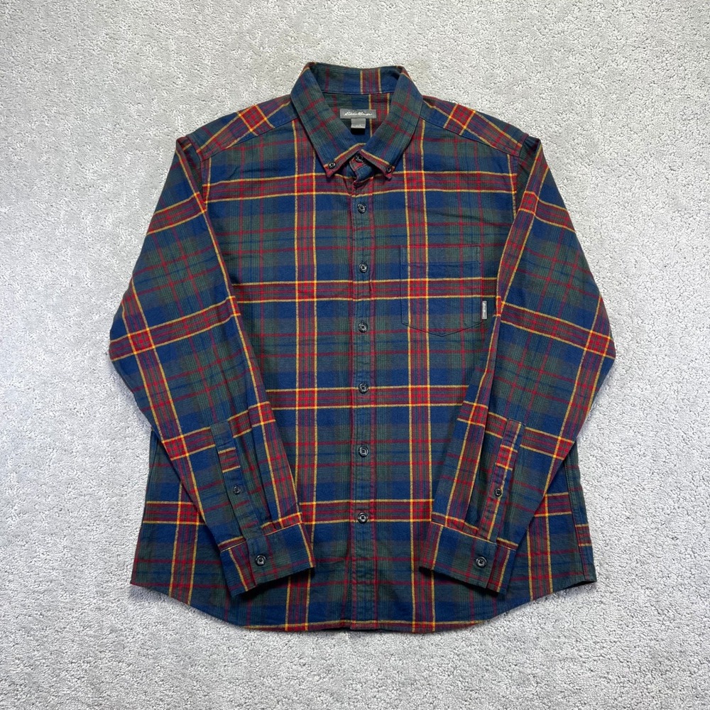 Eddie Bauer Shirt Mens Large Plaid Flannel Button Down Longsleeve Blue Green Red